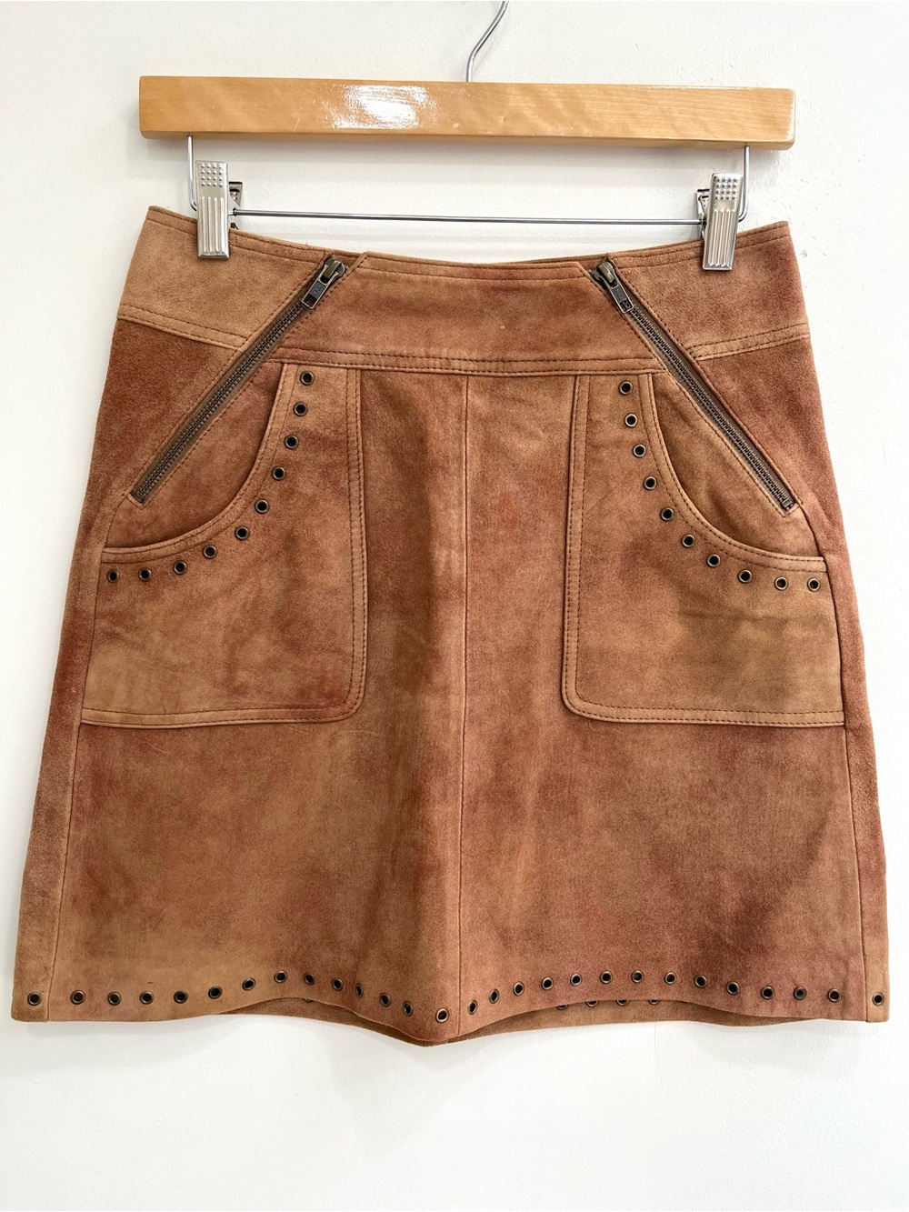 Pam & Gela 100% Goat Leather Suede High Waisted Mini Skirt Congnac Brown 4 NWT